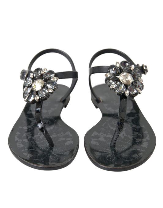 Dolce & Gabbana Black Crystal Flats Sandals Flip Flops Shoes