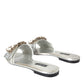 Dolce & Gabbana Silver Crystal Leather Flats Sandals Shoes