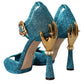 Dolce & Gabbana Blue Lurex Bejeweled Hand Heels Sandals Shoes