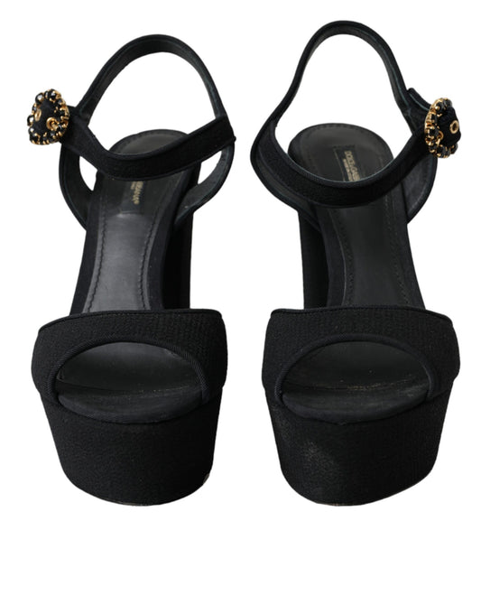 Dolce & Gabbana Black Leather Platform Heels Sandals Shoes