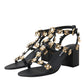 Dolce & Gabbana Black Leather Embellished Heel Sandal Shoes