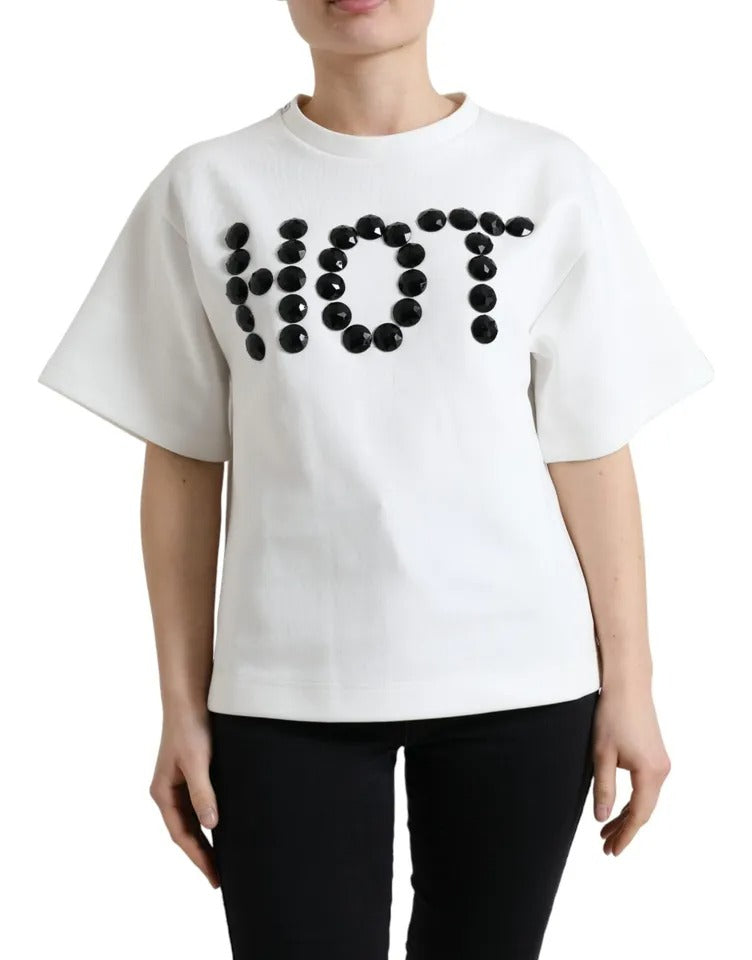 Dolce & Gabbana White Cotton Stretch Black HOT Crystal T-shirt