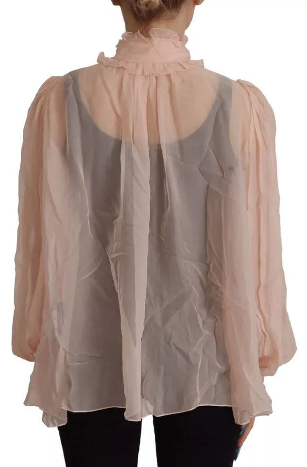 Dolce & Gabbana Light Pink Silk Ascot Collar Long Sleeves Top