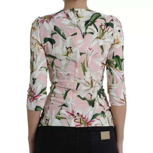 Dolce & Gabbana Pink Floral Viscose Round Neck Blouse Top