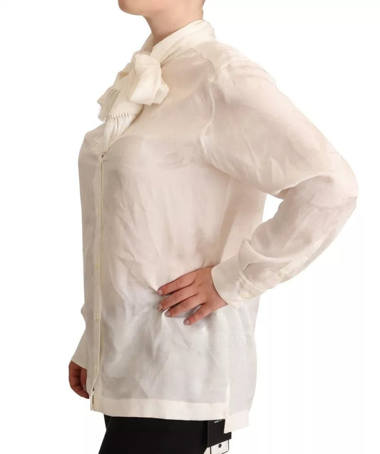 Dolce & Gabbana White Blouse Ascot Collar Shirt Silk Button Top