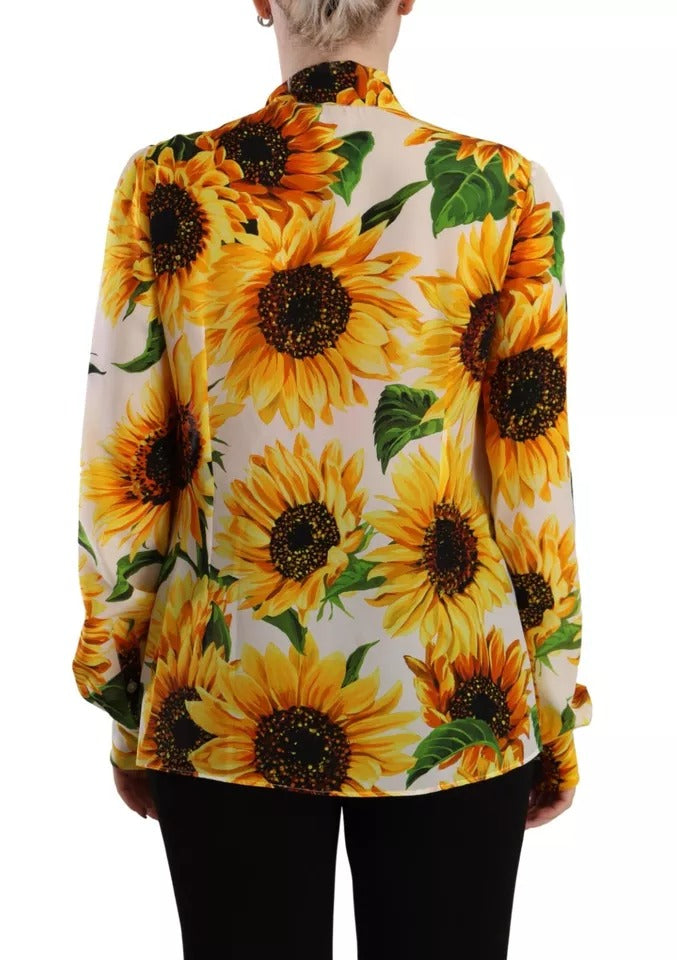 Dolce & Gabbana White Sunflower Silk Ascot Collar Blouse Top