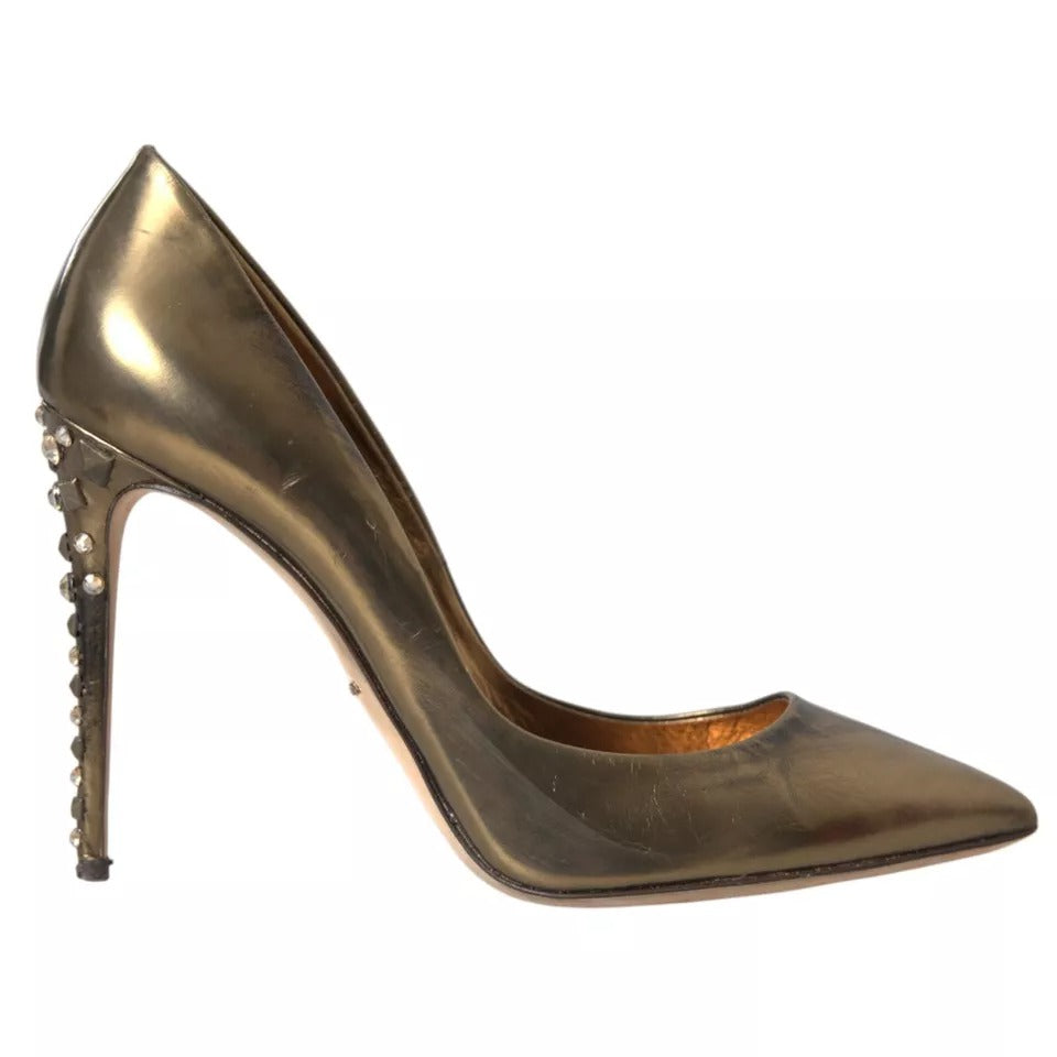 Dolce & Gabbana Bronze Leather Embellished Heels Pumps Shoes