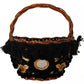 Dolce & Gabbana Black Beige Straw Basket Tote Pom Pom Crystals Bag