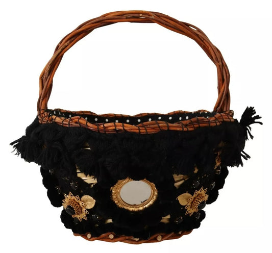 Dolce & Gabbana Black Beige Straw Basket Tote Pom Pom Crystals Bag