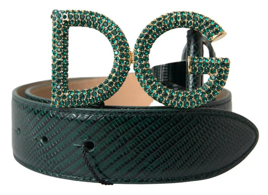 Dolce & Gabbana Green Iguana Leather DG Crystal Gold Buckle Belt