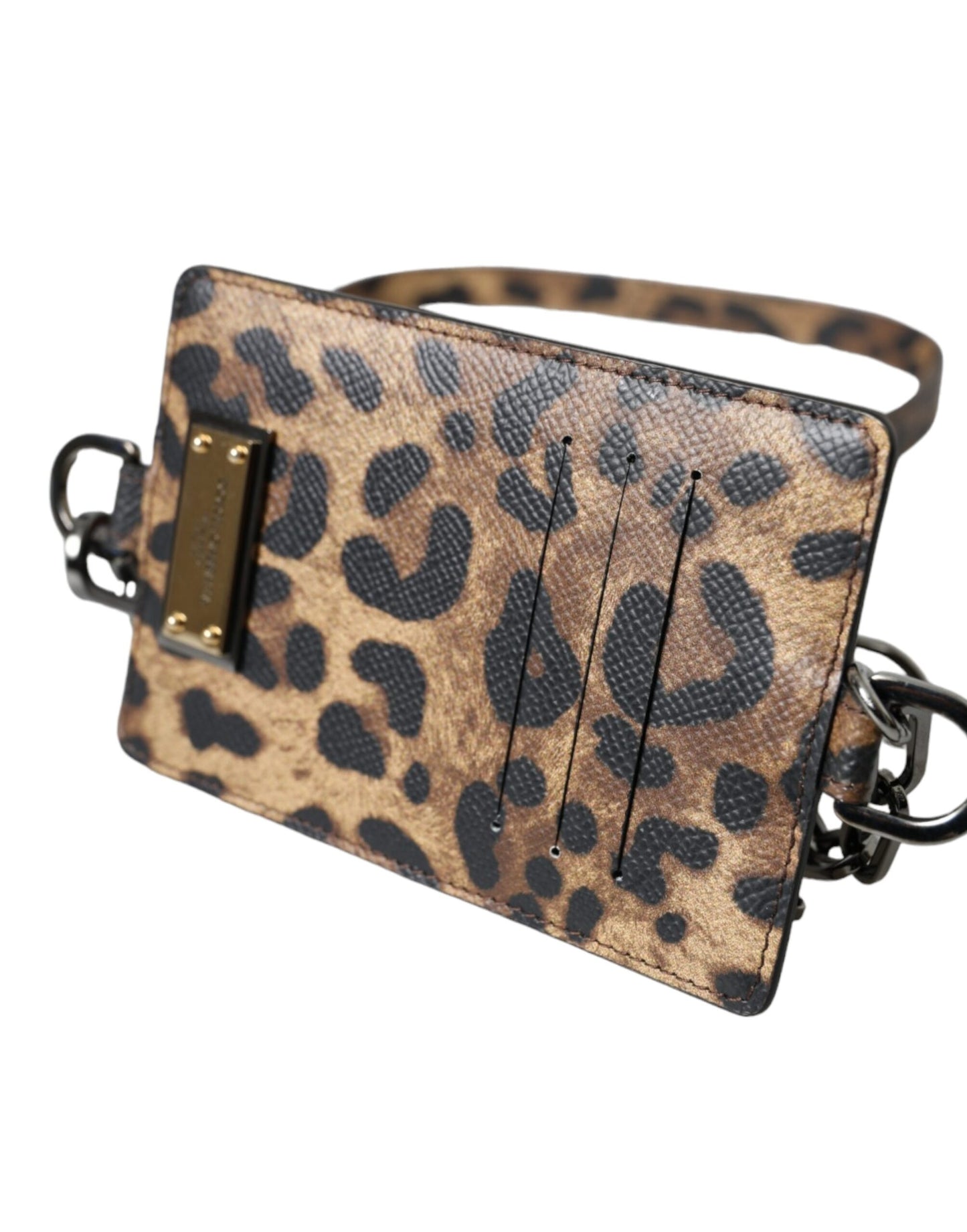 Dolce & Gabbana Brown Leather Leopard Print Logo Plaque Cardholder Wallet