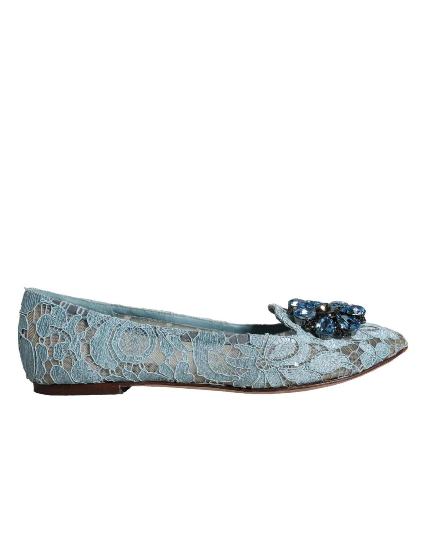 Dolce & Gabbana Blue Lace Crystal Ballet Flats Loafers Shoes