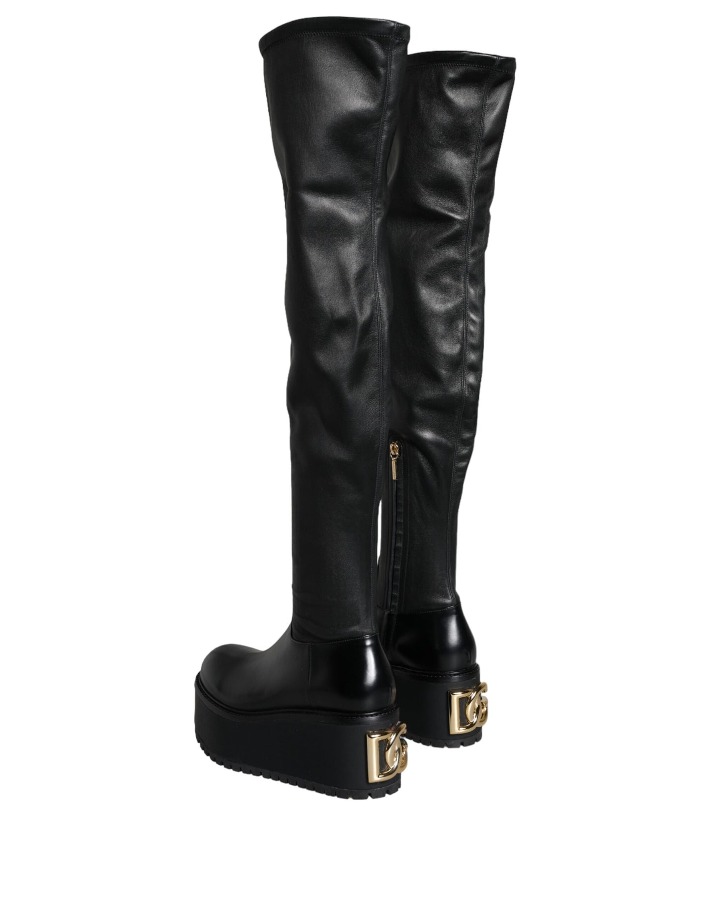 Dolce & Gabbana Black Leather Logo Knee High Boots Shoes