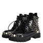 Dolce & Gabbana Black Leather Studs Embellished Combat Boots Shoes