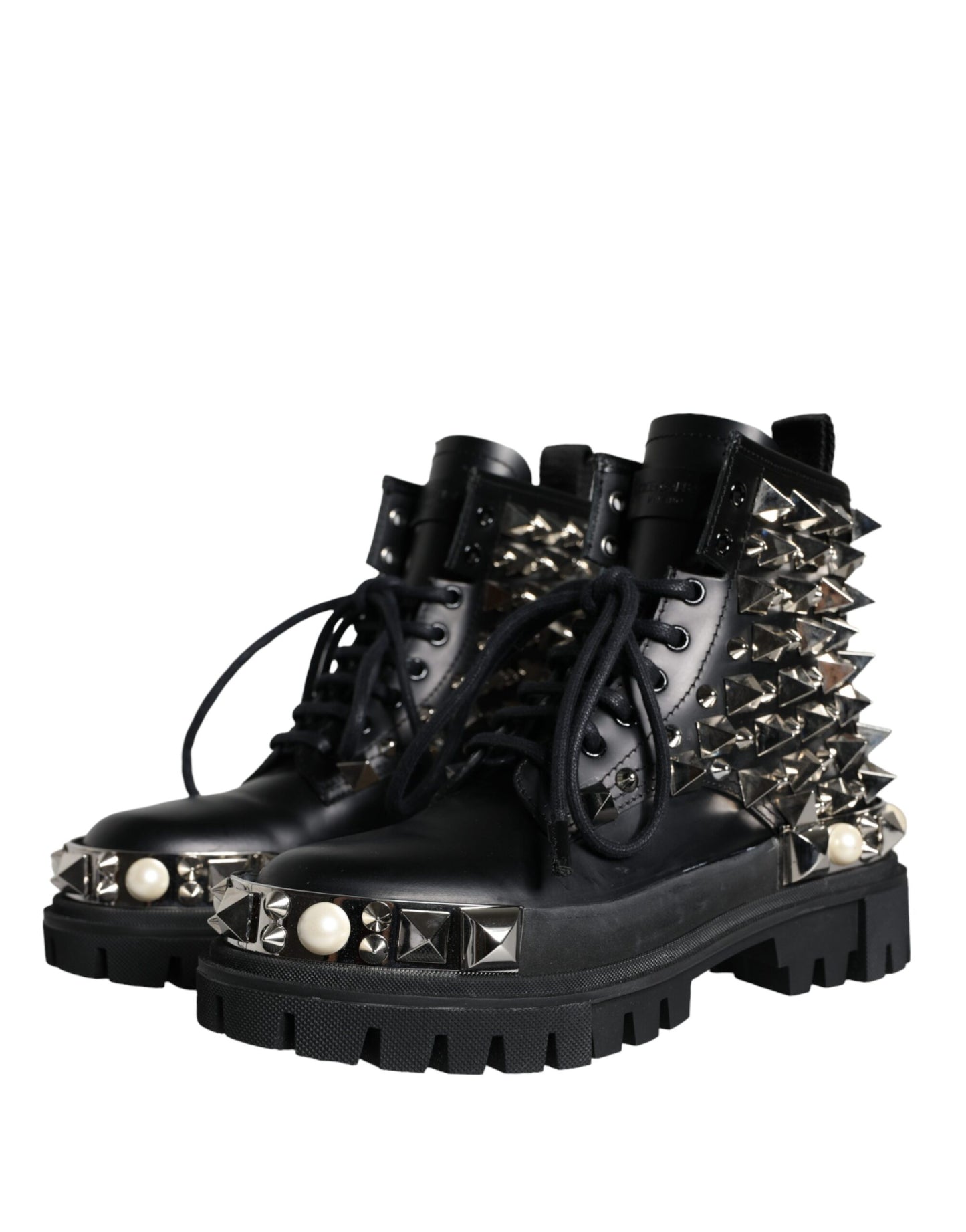 Dolce & Gabbana Black Leather Studs Embellished Combat Boots Shoes