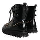 Dolce & Gabbana Black Leather Studs Embellished Combat Boots Shoes