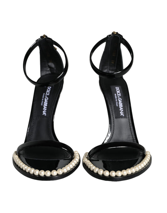 Dolce & Gabbana Black Keira Leather Faux Pearl Sandals Heels Shoes