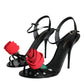 Dolce & Gabbana Black Leather Rose Ankle Strap Keira Sandals Shoes