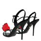 Dolce & Gabbana Black Leather Rose Ankle Strap Keira Sandals Shoes