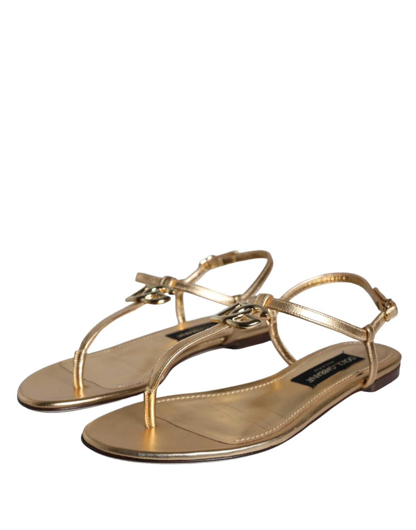 Dolce & Gabbana Gold Leather DG Logo Flats Sandals Shoes