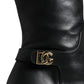 Dolce & Gabbana Black Leather Gold Tone Logo High Boots Shoes