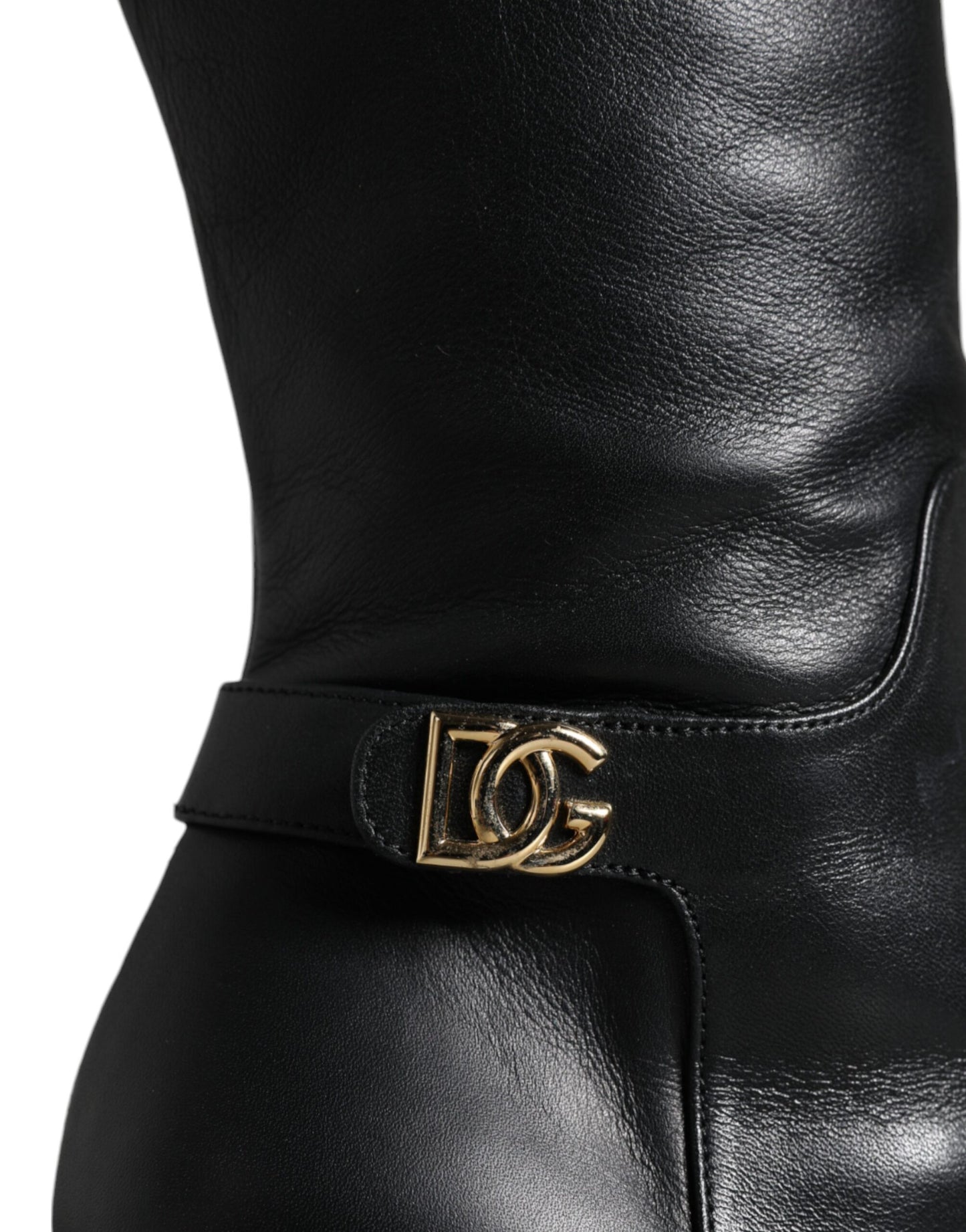 Dolce & Gabbana Black Leather Gold Tone Logo High Boots Shoes