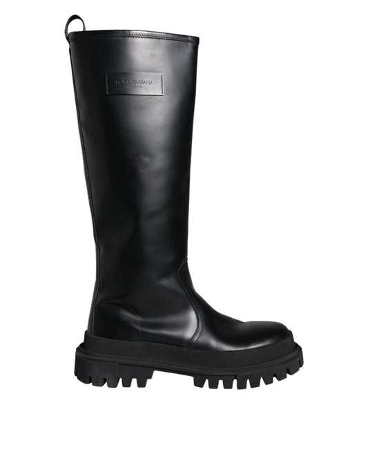 Dolce & Gabbana Black Leather Trekking Knee High Boots Shoes