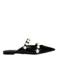 Dolce & Gabbana Black Leather Pearls Slides Sandals Shoes