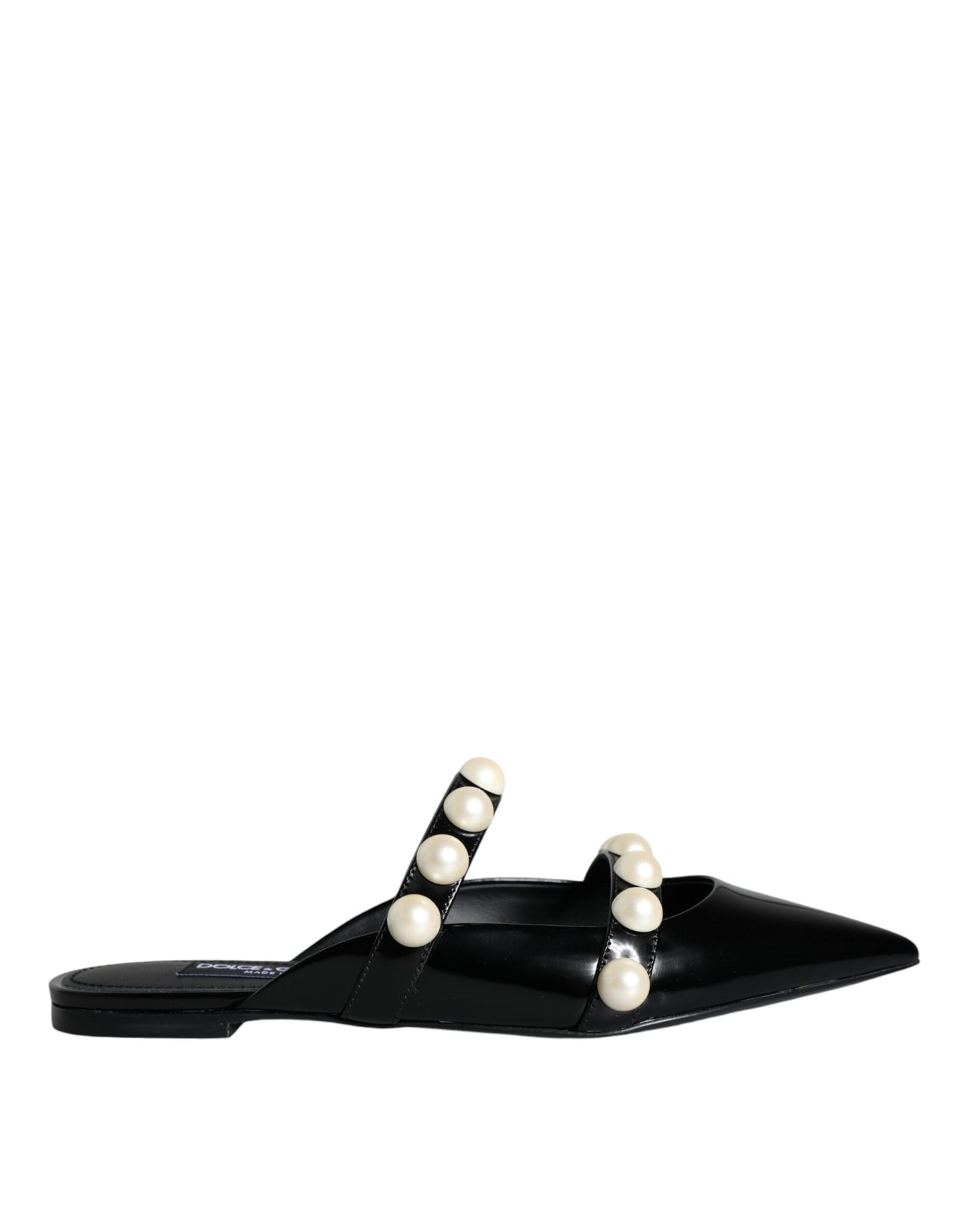 Dolce & Gabbana Black Leather Pearls Slides Sandals Shoes