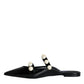 Dolce & Gabbana Black Leather Pearls Slides Sandals Shoes