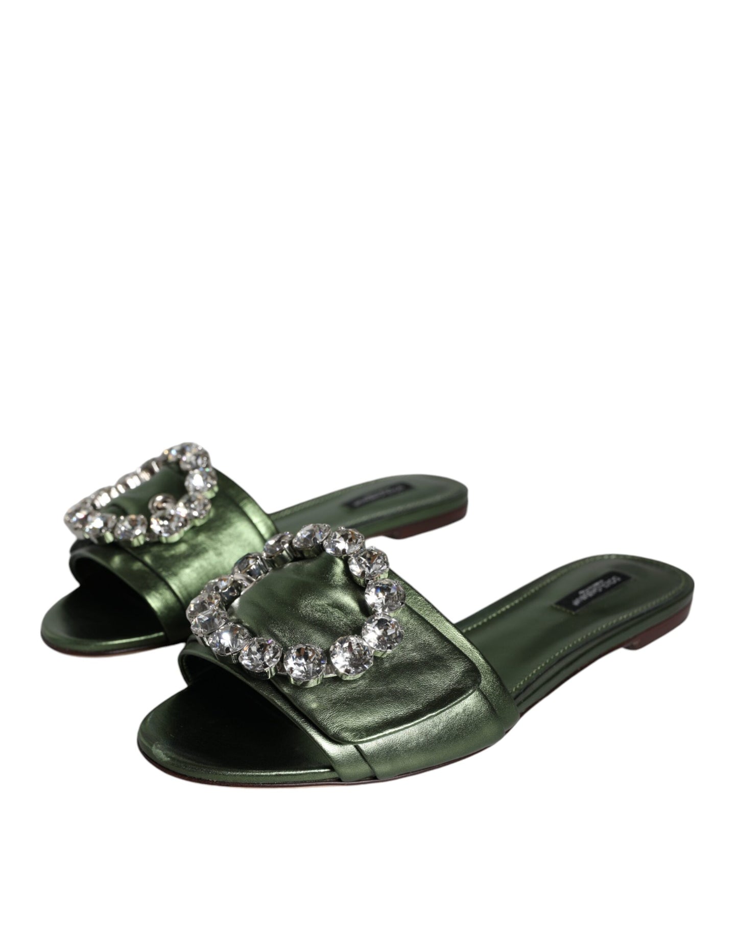 Dolce & Gabbana Metallic Green Crystal Leather Flats Sandals Shoes