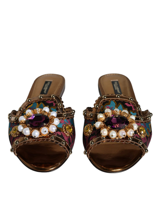 Dolce & Gabbana Multicolor Jacquard Embellished Slides Flats Shoes