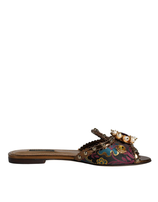 Dolce & Gabbana Multicolor Jacquard Embellished Slides Flats Shoes