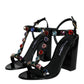 Dolce & Gabbana Black Crystal Leather T-strap Sandals Shoes