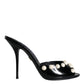 Dolce & Gabbana Black Leather Pearls Slides Sandals Shoes