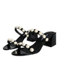 Dolce & Gabbana Black Leather Pearls Slides Sandals Shoes