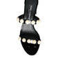 Dolce & Gabbana Black Leather Pearls Slides Sandals Shoes