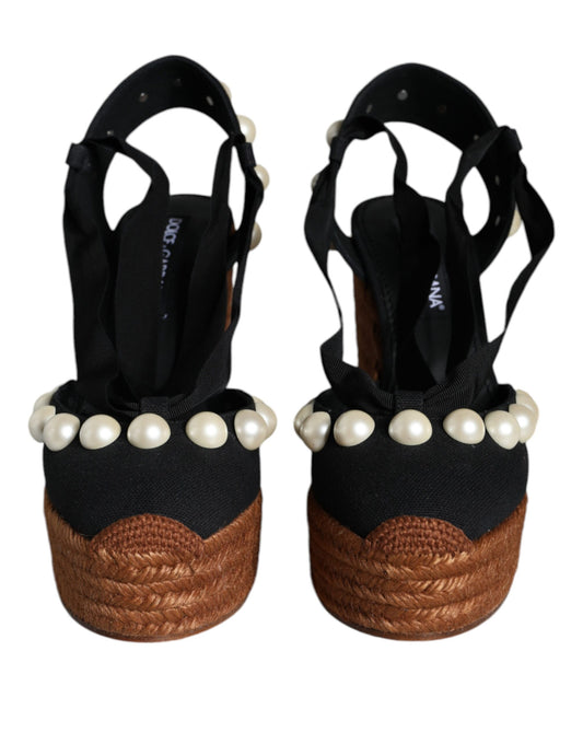 Dolce & Gabbana Black Pearl Wedge Heels Sandals Shoes