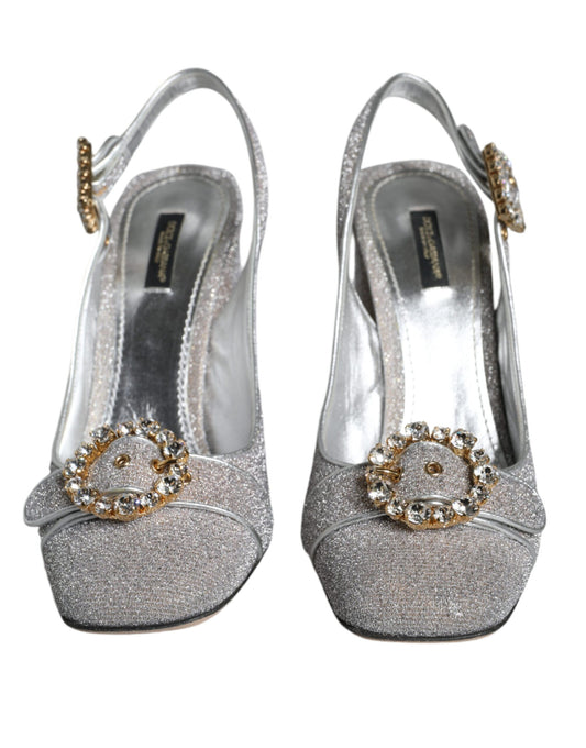 Dolce & Gabbana Silver Crystal Slingback Heels Sandals Shoes