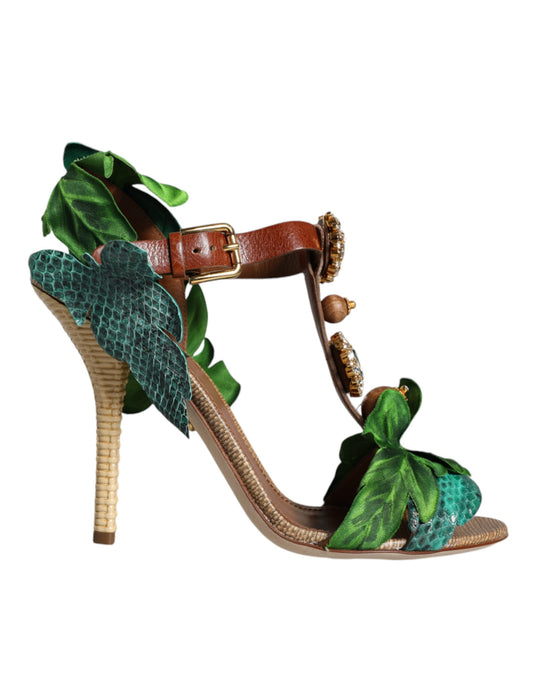 Dolce & Gabbana Emerald Embellished Leather Heels Sandals Shoes