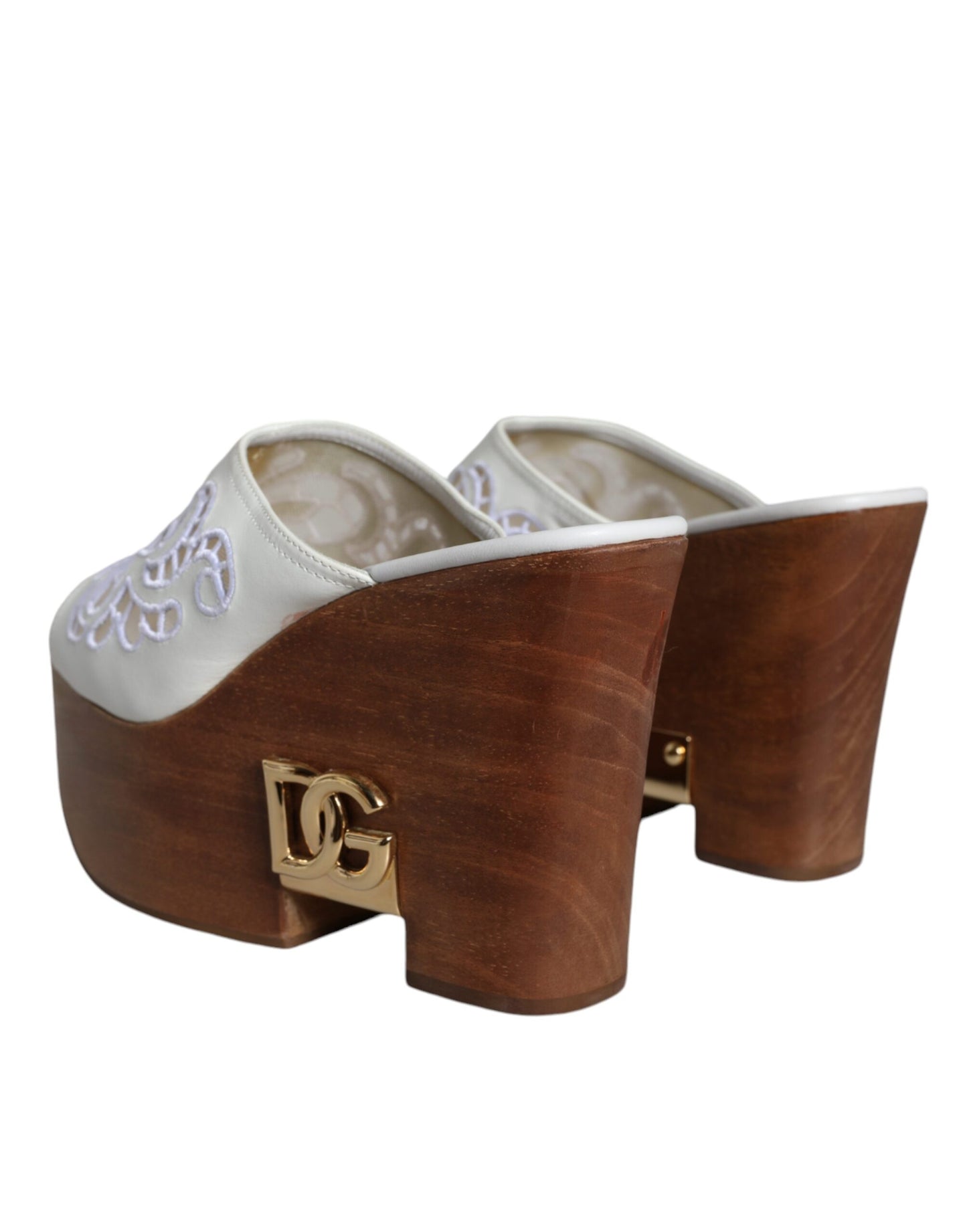 Dolce & Gabbana White Leather Wood Mules Wedge Slides Shoes