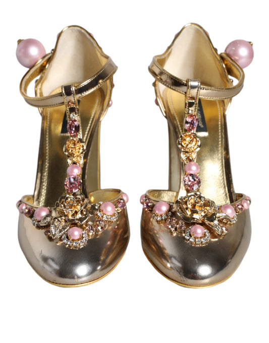 Dolce & Gabbana Gold Embellished Leather T-strap Heels Shoes