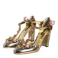 Dolce & Gabbana Gold Embellished Leather T-strap Heels Shoes