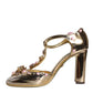 Dolce & Gabbana Gold Embellished Leather T-strap Heels Shoes