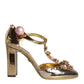 Dolce & Gabbana Gold Embellished Leather T-strap Heels Shoes