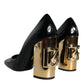 Dolce & Gabbana Black Gold Patent Leather Logo Heels Pumps Shoes