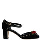 Dolce & Gabbana Black Velvet Roses Ankle Strap Pumps Shoes