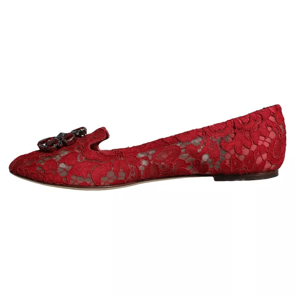 Dolce & Gabbana Red Lace Crystal Ballet Flats Loafers Shoes