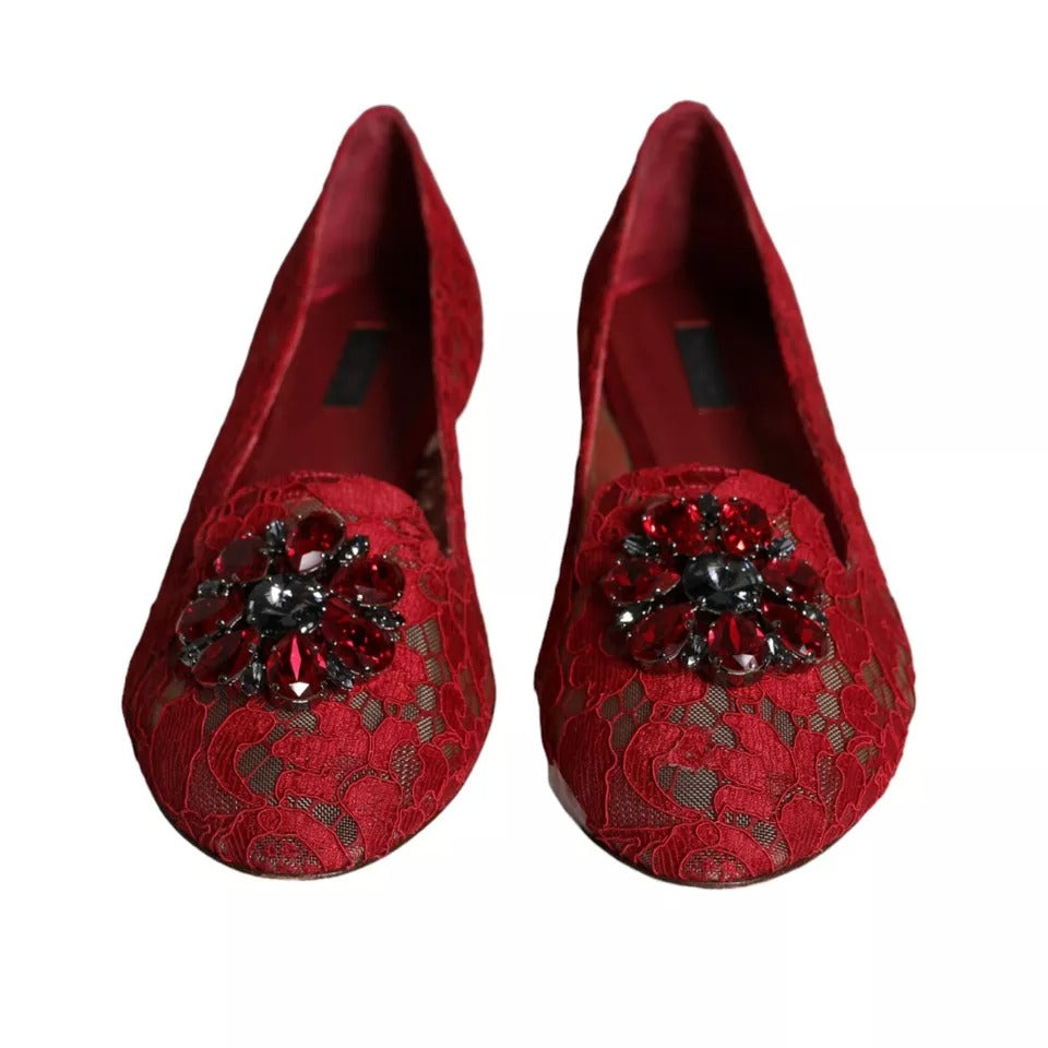 Dolce & Gabbana Red Lace Crystal Ballet Flats Loafers Shoes