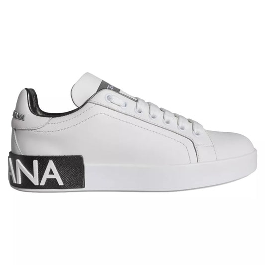 Dolce & Gabbana White Black Leather Portofino Sneakers Shoes